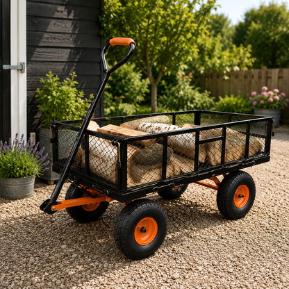 Zwarte heavy duty tuinwagen met luchtbanden gevuld met haardhout in een tuin